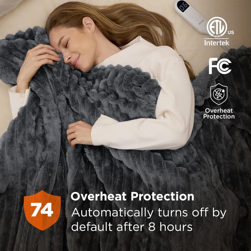 Preheat Function, 6 Heat & 6 Timer (Up to 10H) Settings, 8H Auto Shut Off, ETL & FCC, Gifts for Men Senior, Cozy Room Decor Bedsure Thick Heated Blanket Electric Throw, Fast Heating, Grey 50"x60" B0BZYX45MR