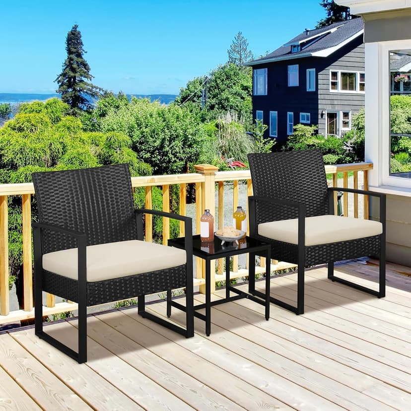 Yaheetech 3 Pieces Rattan Bistro Set, Outdoor Wicker Patio Modern Conversation Furniture, 2 Chairs & Tempered Glass Coffee Table for Garden, Balcony, Backyard, Poolside, Black/Beige