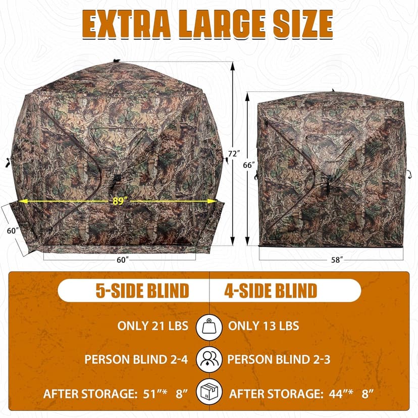 Extra Large Hunting Blind 4 Person with Portable Hunting Chair, 288/360 Degree See Through Pop up Ground Blinds for Deer Turkey Duck Hunting, Bow Hunting Adjust Windows with Silent Zipper