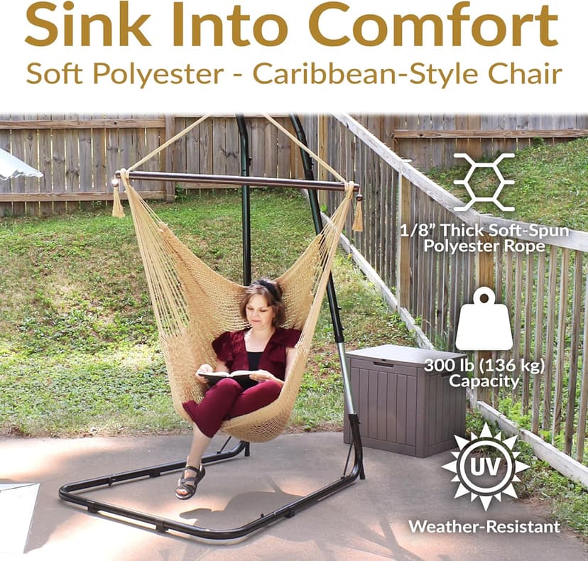 Sunnydaze Outdoor Hammock Chair Swing for Reading - Hanging Hammock Swing for Indoor or Patio - 300lb Capacity - Caribbean XL - Tan