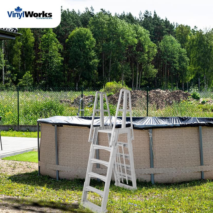 Vinyl Works SLA A-Frame 48 to 56 Inch Adjustable Above Ground Swimming Pool Ladder Entry System with Slide Lock Barrier and Handrails, White