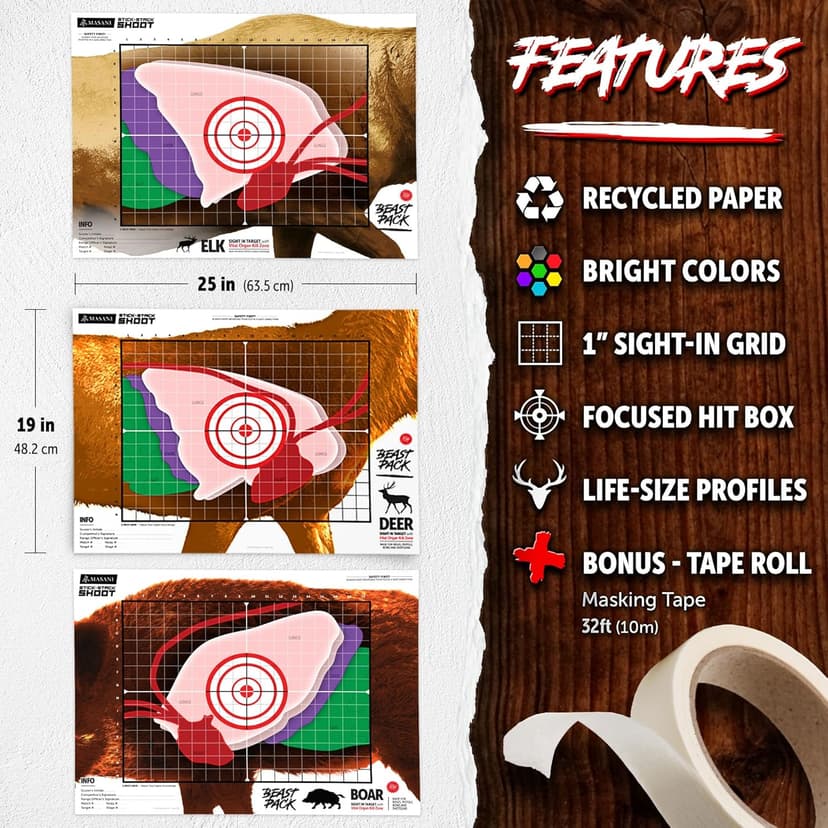 MASANI Beast Pack - Life Size Deer, Elk, and Boar Paper Shooting Targets - Indoor/Outdoor, Backyard Range Fun for All BB Gun, Pistol, Rifle, Crossbow, Archery, Pellet and Airsoft Guns - 19 x 25 Inch
