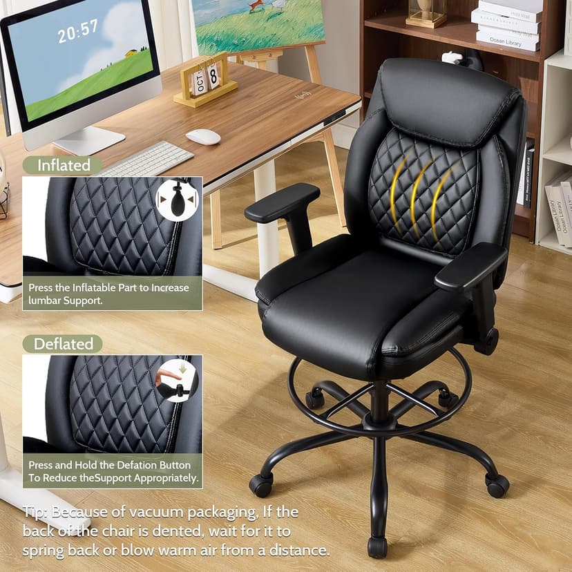 Drafting Chair,Executive Tall Office Chair Flip-up Armrests for Counter Height Desk Drawing Use,High Task Chair with Adjustable Foot Ring & Inflatable Lumbar Support, Swivel Computer Stool,PU Black