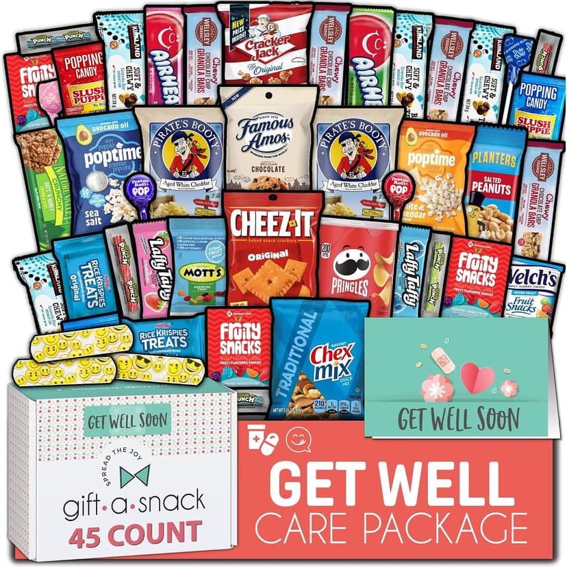 (45 Count) Greeting Card Feel Better Sweet Treats Gift Basket, Candies Chips Crackers Bars - Office Food Assortments Gift A Snack - Get Well Soon Snack Box Variety Pack Care Package B0BN96RG2S