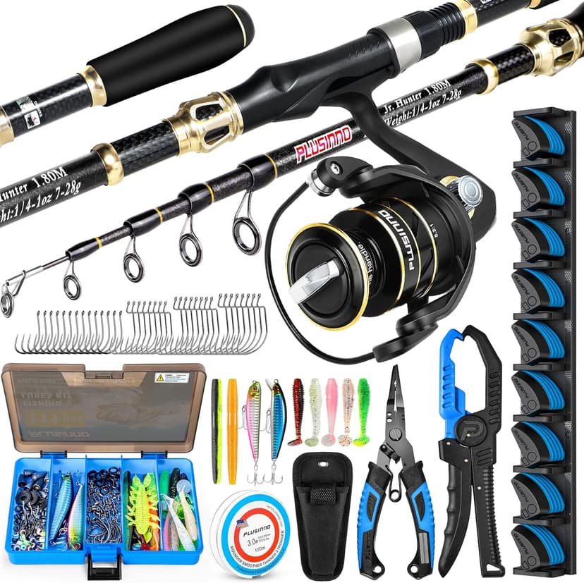 PLUSINNO Fishing Gear,Full Fishing kit Include Fishing Rod and Reel Combo, Tackle Box with Fishing Lures, Fishing Accessories, Fishing Pliers,Fishing Gifts for Men with Fishing Tool Kit