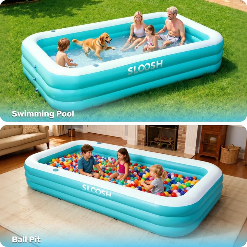 SLOOSH Inflatable Pool for Adults with Seats, 120" x 72" x 22" Full-Sized Blow Up Durable Thickened Above Ground Family Pool, Large Swimming Pools for Backyard Garden Lawn Summer Water Party, Cyan