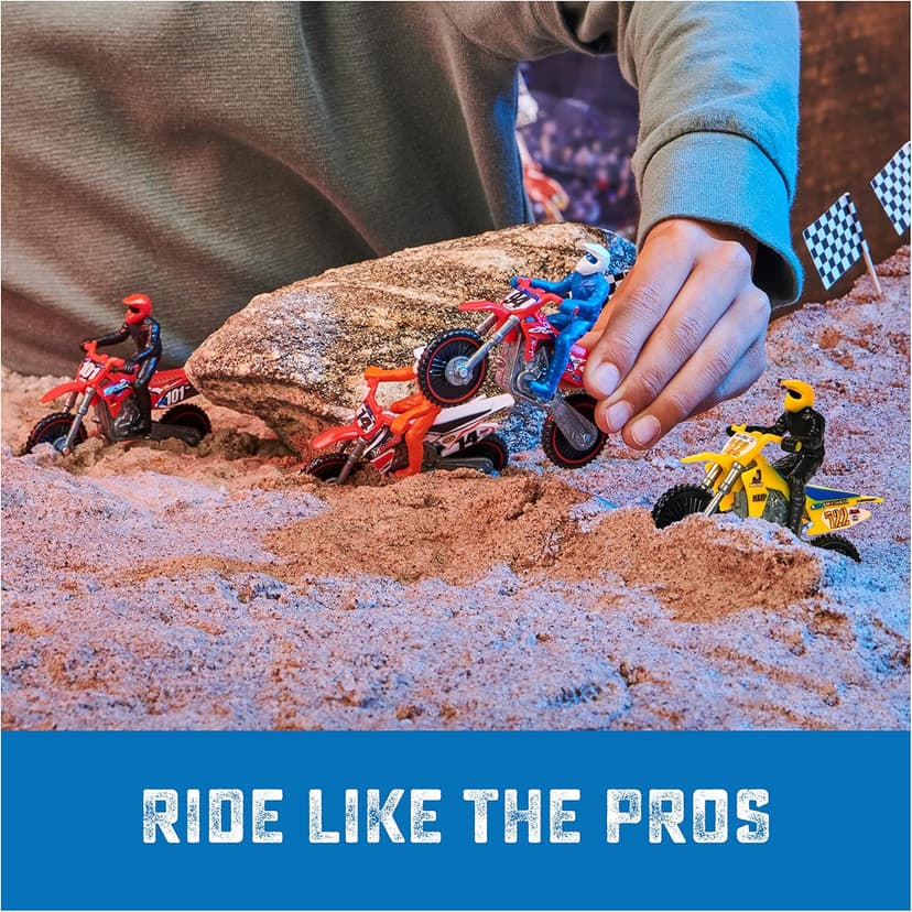 Supercross, Authentic 5-Pack of 1:24 Scale Die-Cast Motorcycles with Rider Figure, Toy Moto Bike for Kids and Collectors Ages 3 and up