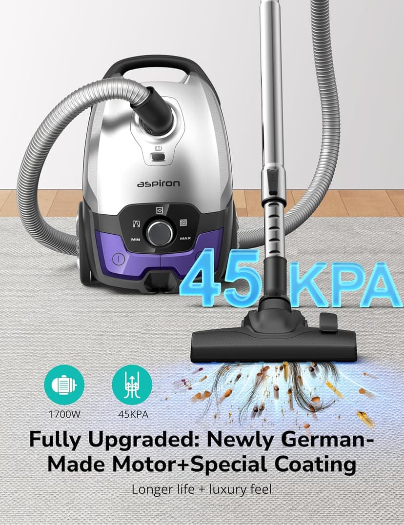Canister Vacuum,1700W/45KPA Bagged Vacuum Cleaner,5L Large Capacity,Auto Cord Rewind,HEPA Filter,Low Noise,7.5M Cleaning Radius,Variable Power Control,Easy to Push,Hard Floor,Pet,Carpet,Upholstery,Car
