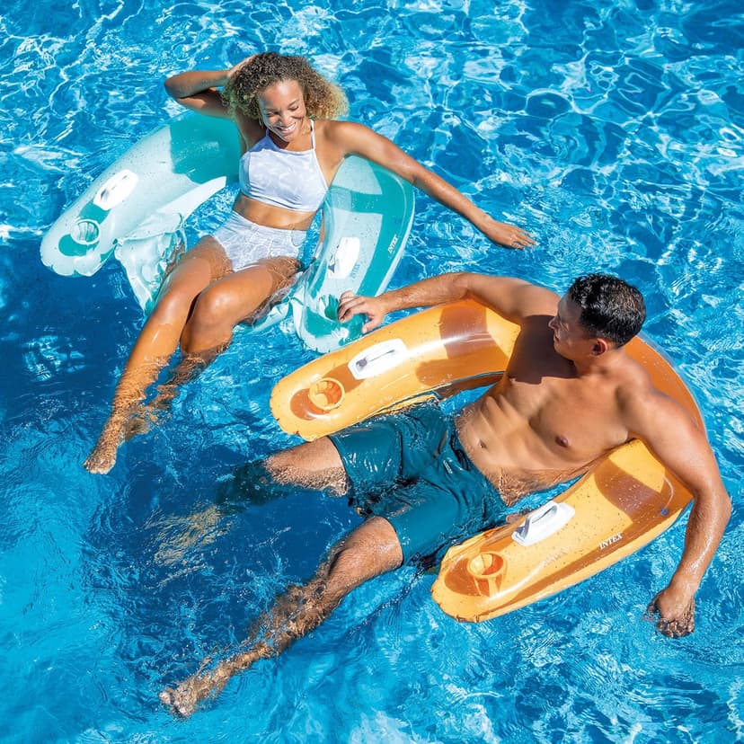 Intex 58859EP Sit 'N Float Inflatable Pool Float: Pool Lounge with Built-in Cup Holders – Heavy-Duty Handles – 220lb Weight Capacity – 58" x 39" – Colors May Vary