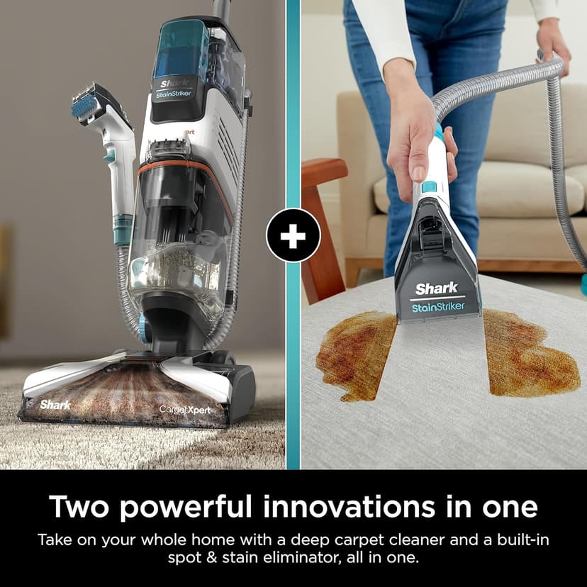 Shark CarpetXpert with StainStriker Upright Carpet, Area Rug & Upholstery Cleaner with Pet Mess Extractor Tool, Perfect for Pets, Carpet Shampooer, 3 Cleaning Tools, Cleaning Solutions, White, EX201