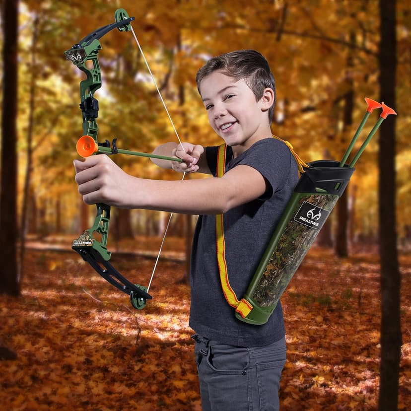 NKOK Realtree Jr. Compound Bow Set; PVC Tipped Suction Cup Arrows Can Be Propelled Up to 40 Feet; 3 Arrows and Target; Red LED Scope; Age 6+