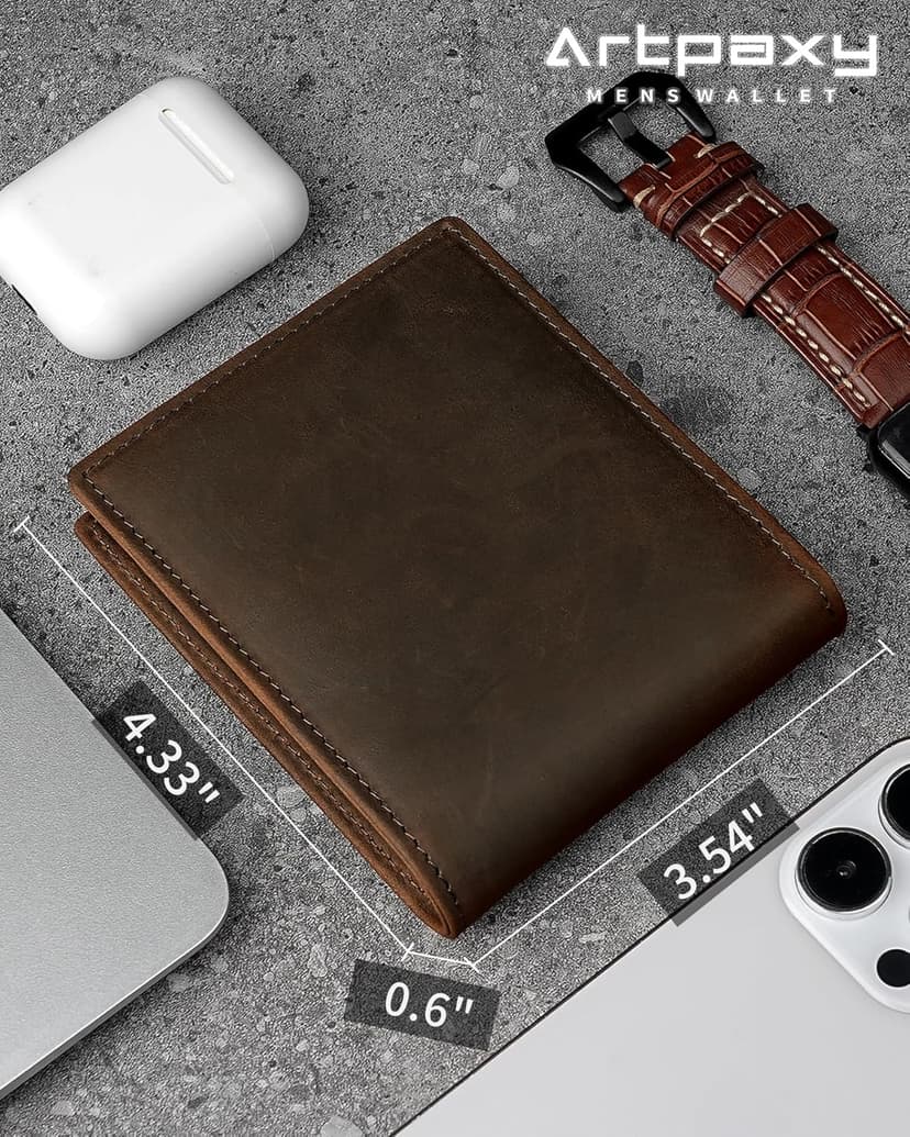 Artpaxy Mens Wallet Genuine Leather Bifold RFID Blocking Wallet for Men with 1 ID Window 13 Card Holders 2 cash pockets 1 Gift Box