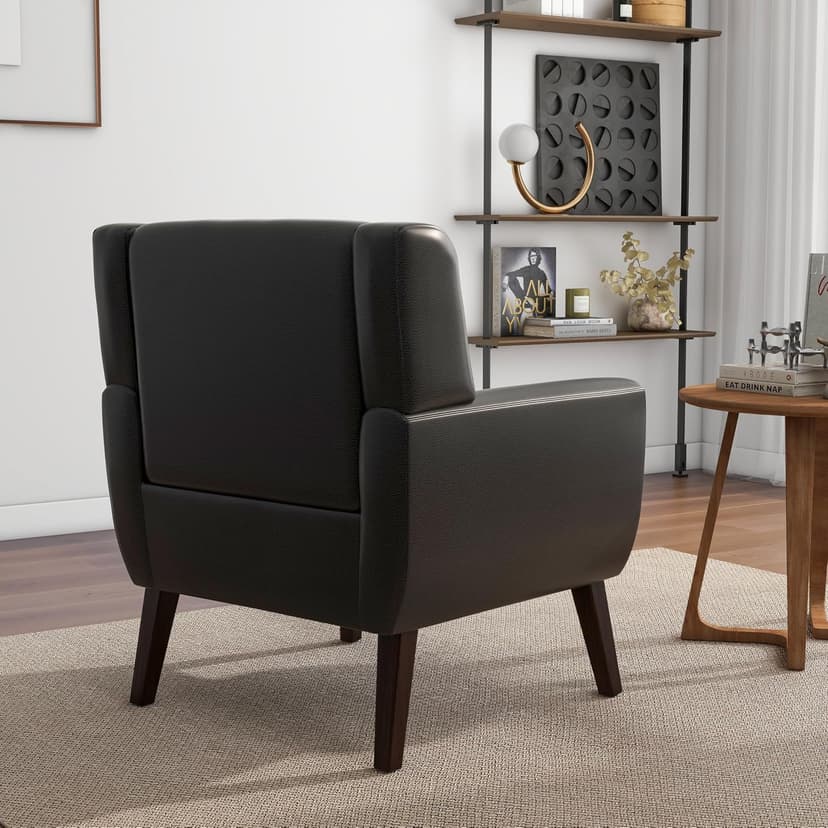 Accent Chair, Mid-Century Modern PU Leather Chairs with Arms for Living Room, Comfy Upholstered Club Single Sofa Armchair for Bedroom Waiting Room with Solid Wood Frame(Leather Black, Set of 2)
