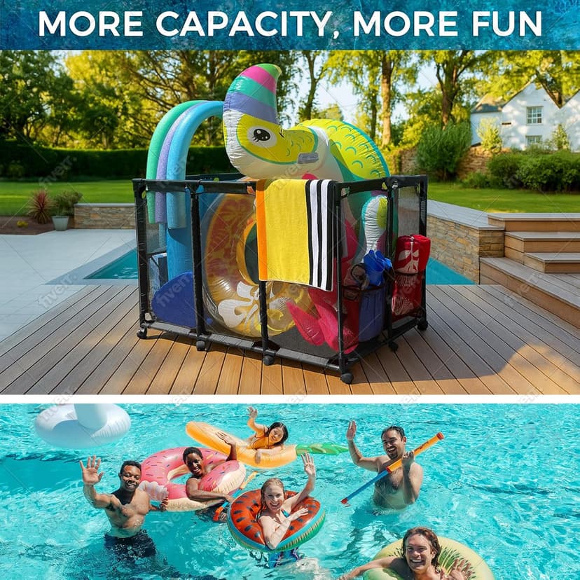 Pool Float Storage Organizer for Pool Noodles Floats Inflatables Towels - Ultimate Outdoor Pool Toy Storage Bin - XXL Black HDuty Metal - Pool Float Holder - Pool Storage Bin For Easy Poolside Cleanup