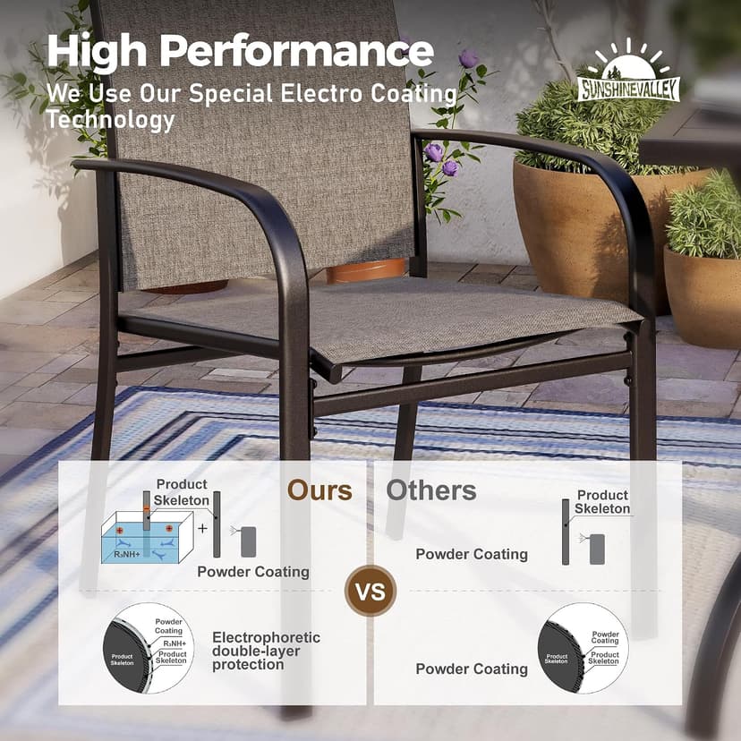 SUNSHINE VALLEY 7 Piece Patio Dining Set for 6, Rectangular Metal Table with Umbrella Hole, 6 Brown Dining Chairs, Outdoor Table and Chairs Set for Lawn Backyard and Deck