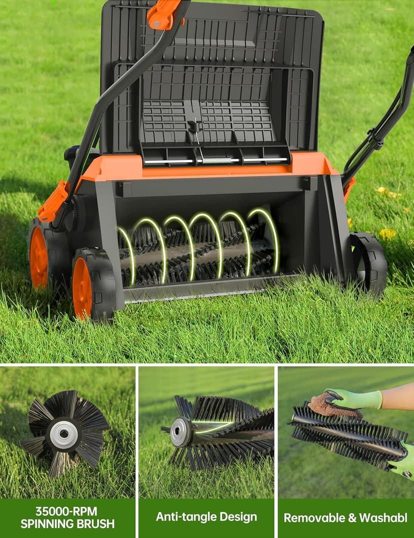 16” Artificial Turf Vacuum,1800w Grass Sweeper 15 Amp Lawn Sweeper Yard Power Brush with 45L Removable Leaf Collection Bag, Quick-Fold, Keeps Clear Sweepy Box, Orange