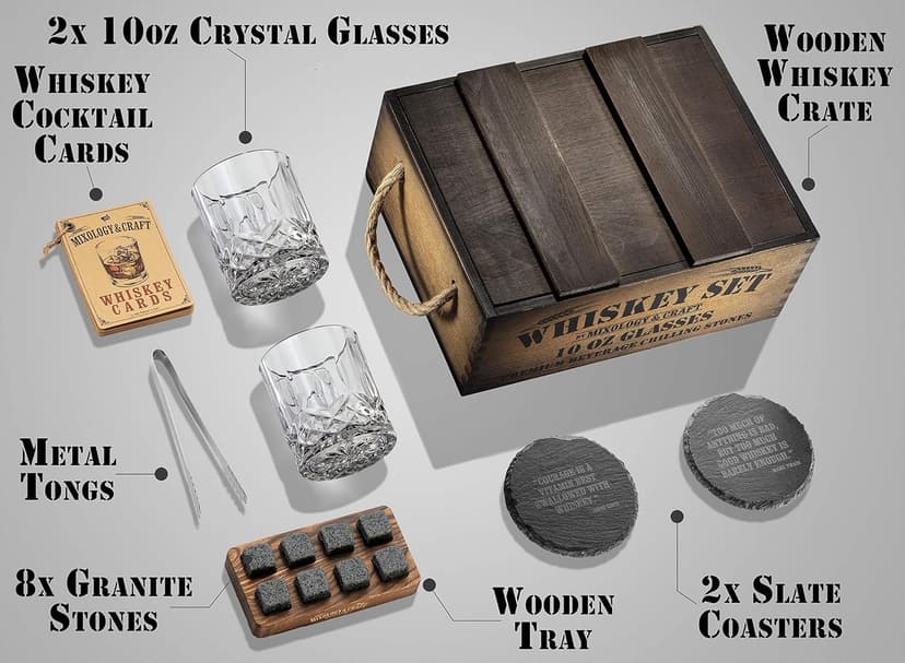 Mixology & Craft Whiskey Gift Set, Whiskey Glass Set with Rustic Wooden Crate, 8 Granite Whiskey Rocks Chilling Stones, 10oz Crystal Glasses | Great Holiday, Secret Santa or White Elephant Gift B08F7NRWQX