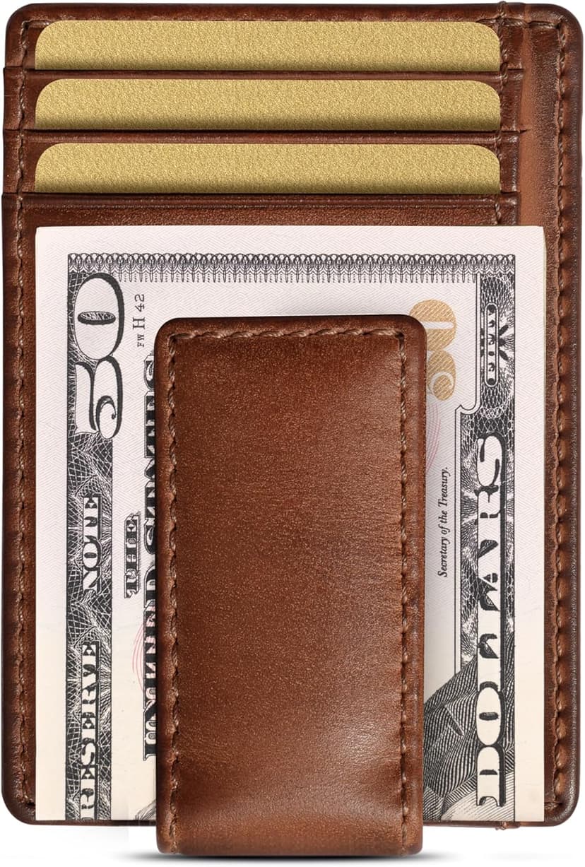 House of Jack Co. Carryall Slim Money Clip Wallet for Men, Strong Magnetic Clip, Front Pocket Wallet Card Holder With Gift Box, Full Grain Cowhide Leather,Tan