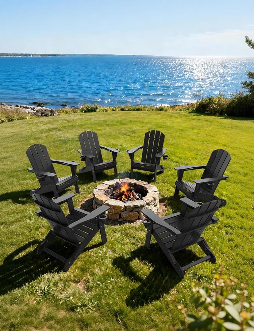 Folding Adirondack Chair, Wooden Textured Plastic Adirondack Chairs with 2 Cup Holder, Weather Resistant HDPE Fire Pit Chair, Outdoor Patio Chairs for Garden, Backyard, Lawn, Deck, 380LBS, Black