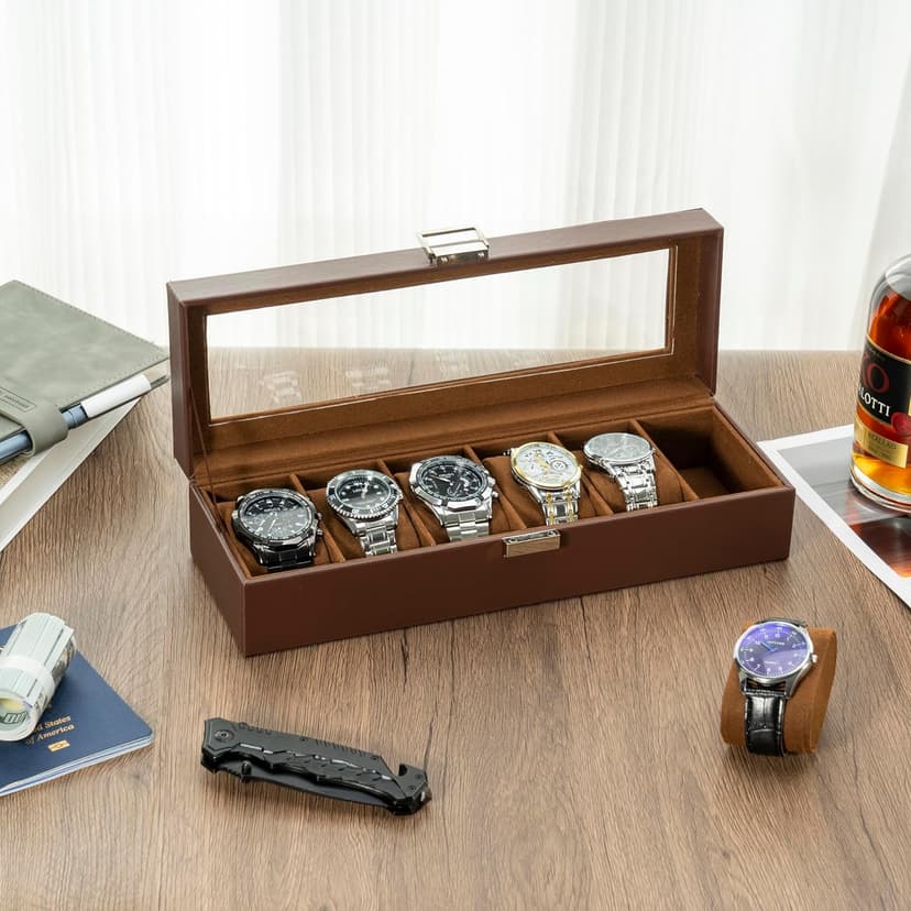 ProCase ProCase Watch Box, 6 Slot Mens Watch Case, Watch Storage Holder Organizer, Watch Display Case with Glass Lid, Anniversary Birthday Valentine Gifts for Men Women -6 Slot, Espresso
