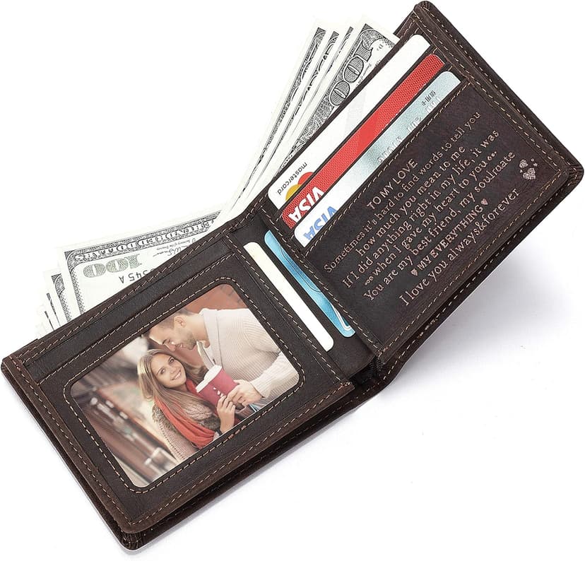 Personalized Engraved Leather Wallet for Dad Son Husband Boyfriend - Perfect for Christmas Anniversary Birthday Fathers Day Valentines Graduation Wedding - Custom Love Message Bifold Wallets for Men