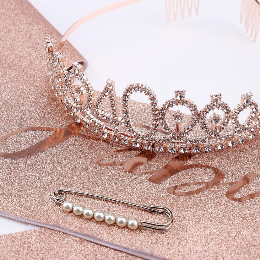 CIEHER 40th Birthday Crown + Sash + Pearl Pin Set for Women, Tiara, Gifts for Friends, Party Decorations & Favors B09F998WFG