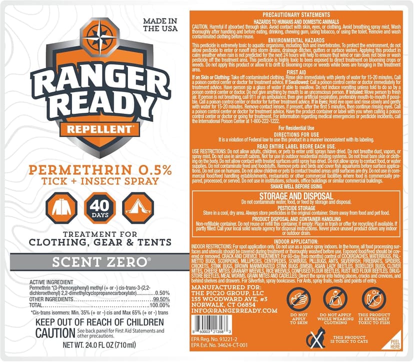 Ranger Ready Repellents Permethrin Spray for Clothes and Outdoor Gear - Permethrin Insect & Tick Repellent - Scent Zero (24 fl oz, Pack of 1)