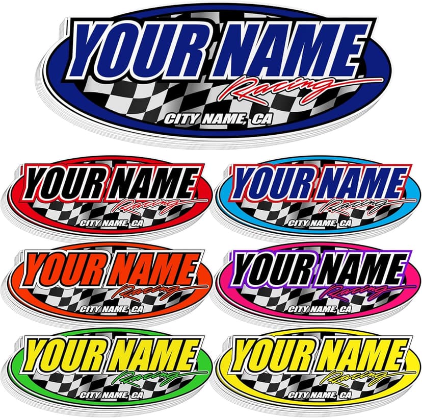 Custom Racing Name Sticker – Personalized Oval Vinyl Decal with Checkered Flag, Car Racing Style Waterproof Label for Helmet, Car, Bike, Laptop, Toolbox, Garage Gift for Men, Racing Fans