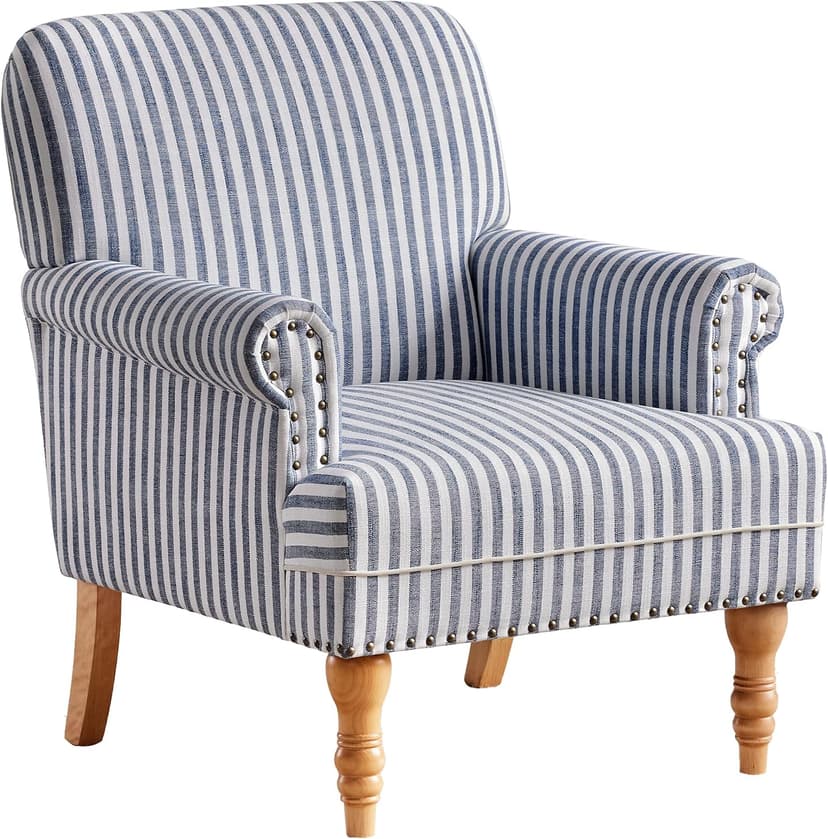 HUIMO Linen Fabric Accent Chair, Mid-Century Modern Armchair with Solid Wood Legs, Single Sofa Chair,Upholstered Reading Club Chair (1, Dark Blue and White Stripe)