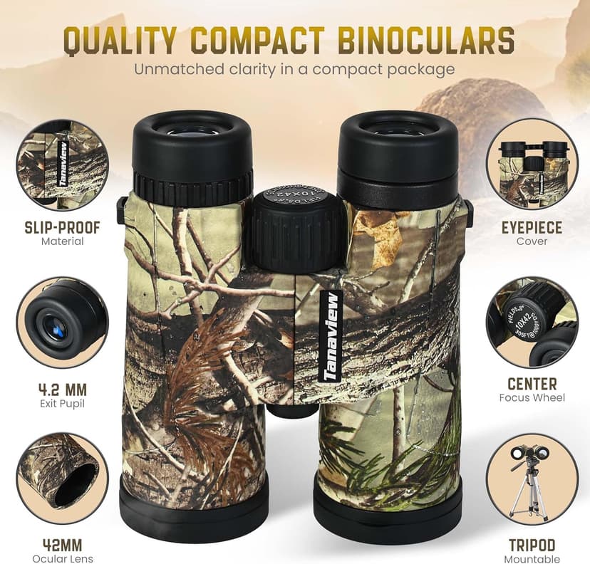 10X42 Compact Binoculars for Adults - Long Distance, High Powered Binoculars with Travel Case - Extra Bright Light & Large Field of View - Lightweight, Water & Fog Proof, Hunting, Bird Watching