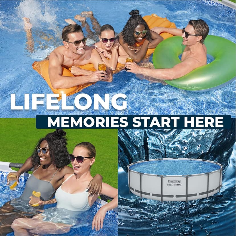 Bestway Steel Pro MAX 15' x 42" Above Ground Pool, Round Metal Frame Outdoor Swimming Pool Set with Filter Pump, Ladder, and Cover, Gray