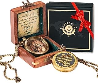 Brass Compass with Wooden Box - Graduation Gifts, Pirate Accessories & Baptism Gift For Boys, Steampunk Travel Decor Compasses For Missionary, Inspirational and Sentimental Compass