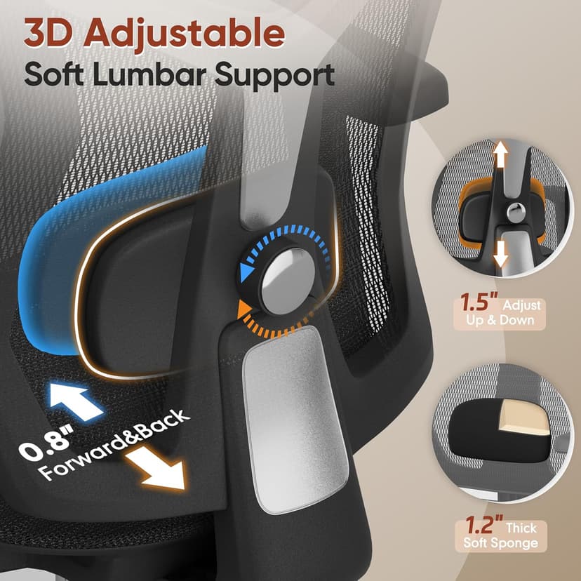 Ergonomic Office Chair with Footrest, Desk Chair Comfy with 3D Adjustable Lumbar Support & Arm & Headrest, 4 Gear 90°-135° Tilt, Wide Air Mesh Seat, Heavy Duty Class-4 Gas Lift, Computer Gaming Chair