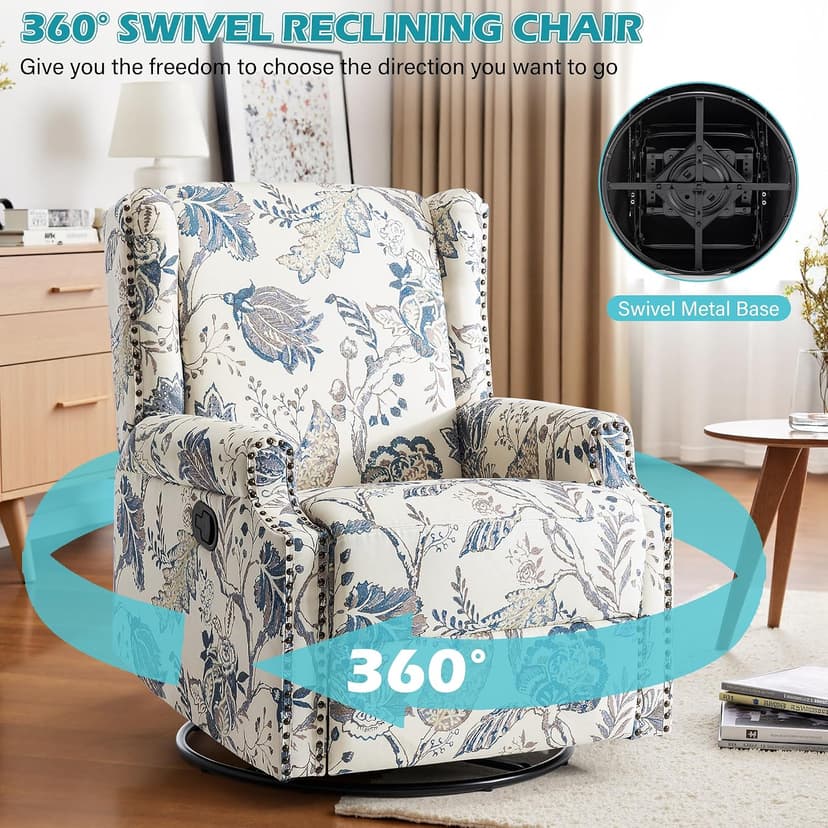 Swivel Glider Floral Recliner Chairs Set of 2, High Back Swivel Rocker Fabric Accent Chair for Living Room, Rivet Trim Upholstered Armchair Manual Sofa Seating - Plants Blue