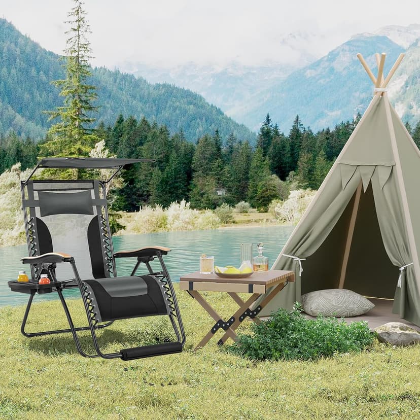 Yaheetech 29in Zero Gravity Chair, Adjustable Patio Padded Anti Gravity Recliner Foldable Outdoor Lounger with Cup Holder Tray, Canopy Shade and Headrest for Beach Camping Gray/Black/1