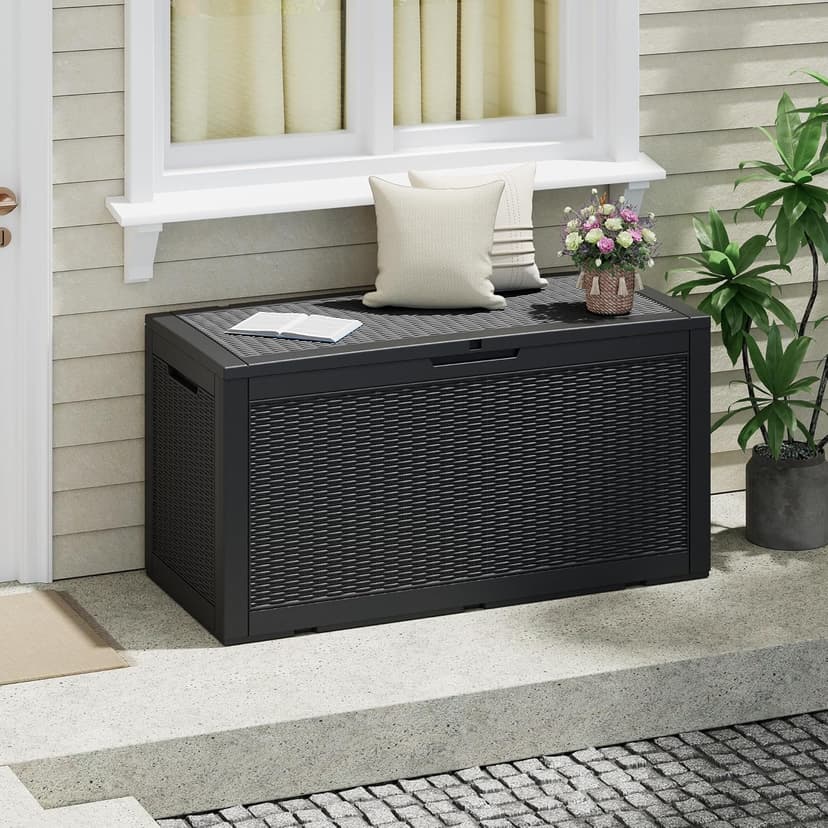 100 Gallon Outdoor Storage Box, Resin Deck Boxes Outdoor Waterproof For Patio Furniture, Garden Tools, Pool Supplies, Lockable And UV Resistant (Rattan Black)
