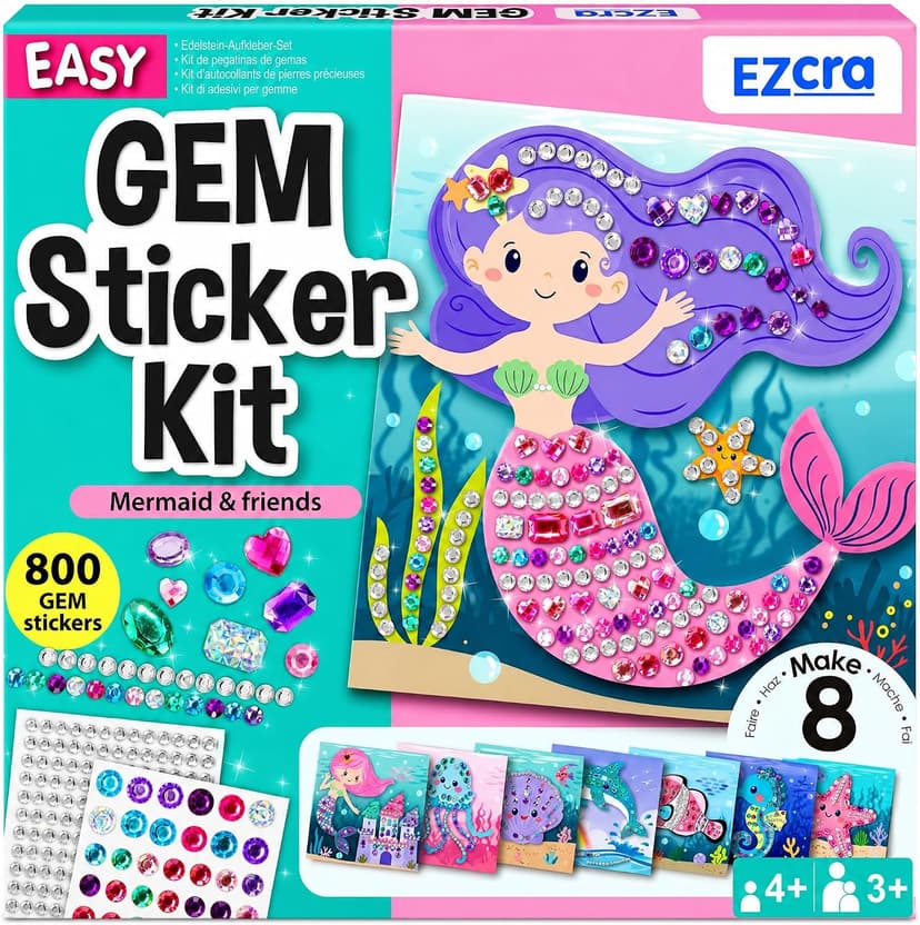 Mermaid crafts and gem art for kids ages 3-8; gem sticker kit with 8 ocean projects; no glue, screen-free birthday gift EZCRA Mermaid Gem Sticker Kit for Kids - 800 Stickers, 8 Underwater Themes B0GFMN37ZV