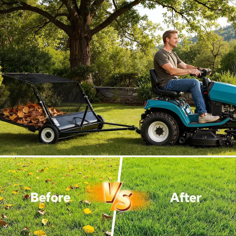 KARHDIR 52 in Tow Behind Lawn Sweeper, 26 cu.ft. Large Yard Sweeper, Adjustable Sweeping Height, Heavy Duty Leaf & Grass Collector with Dumping Rope, Pull Behind Sweepers for Debris Grass Clippings