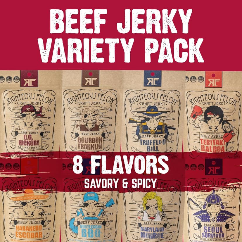 Righteous Felon Beef Jerky Variety Pack | Gluten Free Beef Jerky Snack Packs for Adults | High Protein, Keto-Friendly, Low Sugar | Made with Premium Meats | Gifts for Men | Sampler 8 Pack