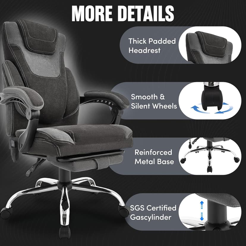 Massage Office Chair with Foot Rest,6-Point Vibration & Heat Executive Office Chairs,Ergonomic Computer Chair for Heavy People,Big and Tall Fabric Office Chair,Recliner with Padded Armrest,BlackGrey