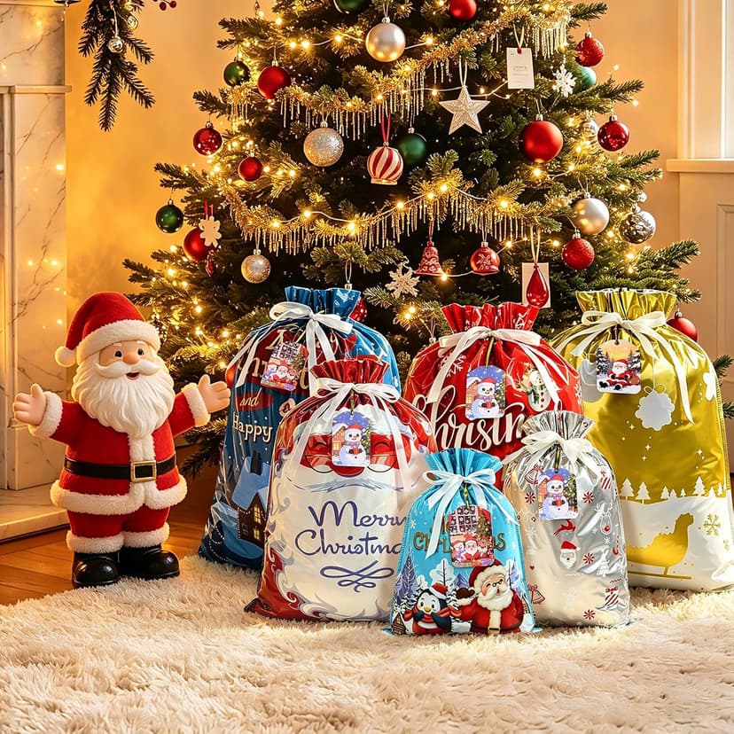14 Styles Colorful Xmas gifts Bags with 20 Cards for Gifts Holiday Present Wrapping Xmas Decor 20 Pcs Christmas Drawstring Gift Bags, Assorted Sizes with More Large Bag. B0H7MP6FX5
