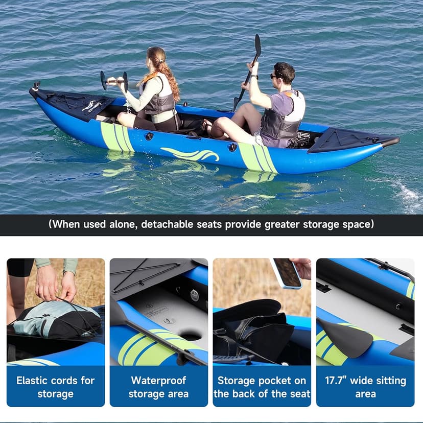 WETURE Inflatable Kayak 2 Person, Fishing Kayaks for Adults, 12.5FT 507 LBS Capacity, Portable Kayak with Luminous Strips, Adjustable Kayak Seat, 2 Paddles, 2 Tail Fins, Pump &Storage Bag