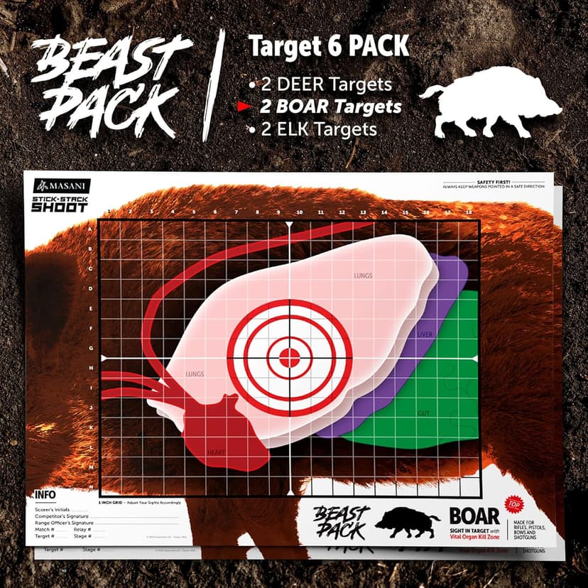 MASANI Beast Pack - Life Size Deer, Elk, and Boar Paper Shooting Targets - Indoor/Outdoor, Backyard Range Fun for All BB Gun, Pistol, Rifle, Crossbow, Archery, Pellet and Airsoft Guns - 19 x 25 Inch