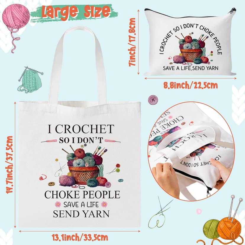 Y1tvei Crochet Canvas Tote Bag - 2Pcs Cosmetic Pouch Tote Bag Reusable Grocery Folding Shopping Bag for Crocheters Women
