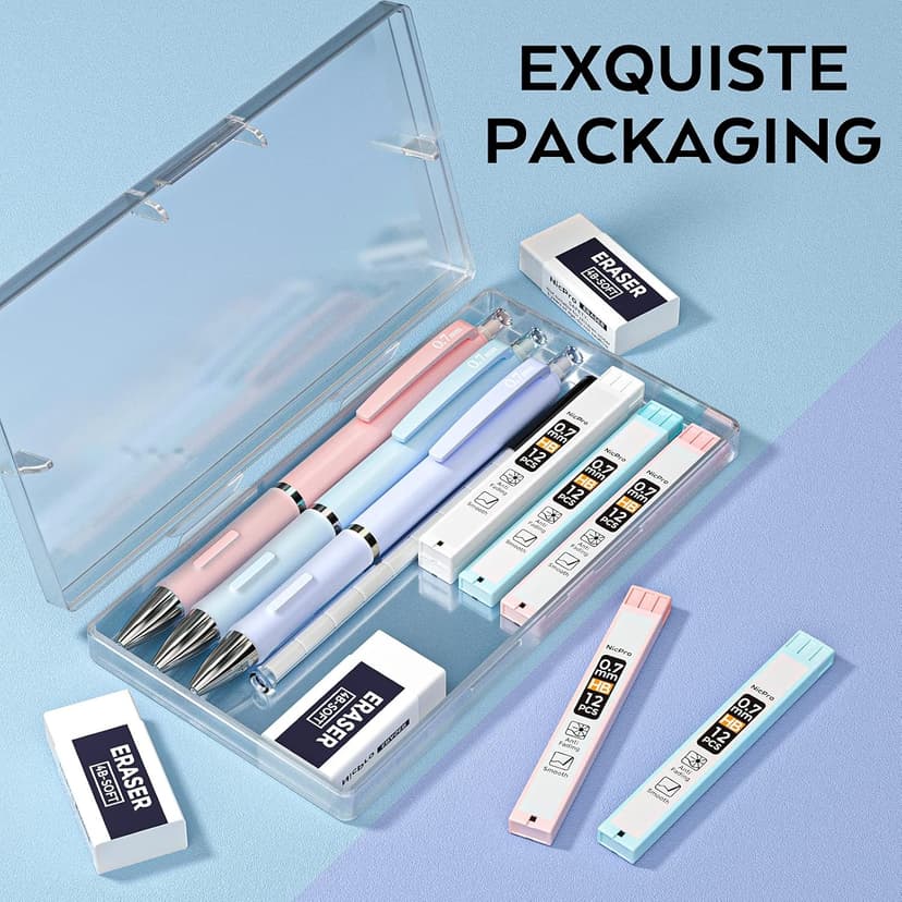 Nicpro 3PCS Cute Mechanical Pencil Set with Case, 0.7 mm Pencils with 6 Tube HB Lead Refill, 3PCS Eraser, 9PCS Eraser Refill for School Supplies Student Writing, Drafting Drawing Sketching