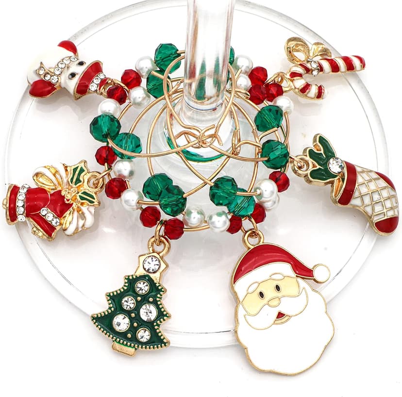 Christmas Wine Glass Charms, Christmas Hostess Gift, Christmas Table Decor, Stockings Stuffer, Set of 6 Gold Enamel Charms, Christmas Tree, Santa Claus, Candy Cane, Snowman