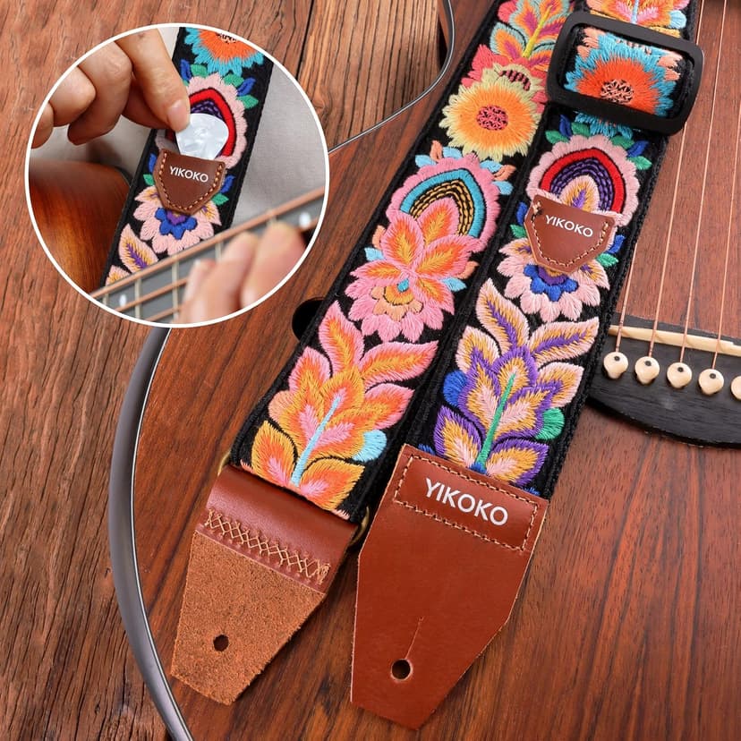 YIKOKO Guitar Strap，2 inch Flower Knit Cotton Guitar Straps with Full Grain Leather End, for Bass Electric and Acoustic Guitars, Free Strap Button, 2 Strap Locks and 4 Guitar Picks