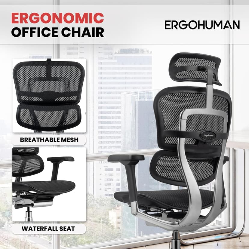 Ergohuman Eurotech ME7ERG GEN2 High Back Mesh Office Chair with Tilt Tension Control, Tilt Lock, Back Angle, Back Height, Synchro Tilt, Seat Height, Seat Depth, and Arm Height Adjustments, Black