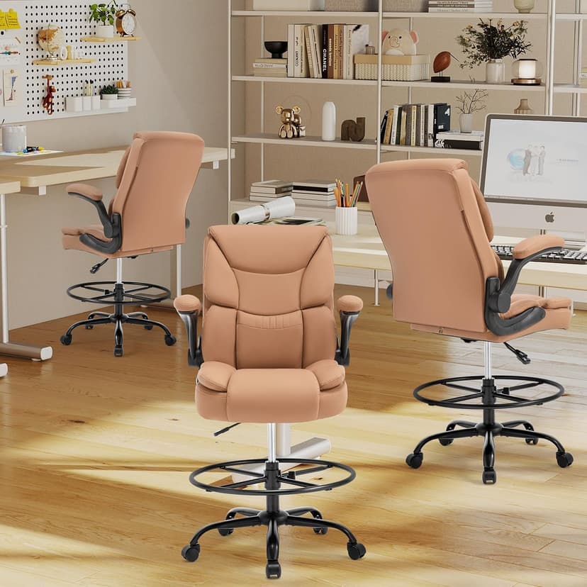 Ergonomic Drafting Chair, Tall Office Chair for Standing Desk, High Back Standing Desk Chair with Flip-Up Armrest, Adjustable Height&Foot Ring, Executive PU Leather Extended Height Office Chairs,Brown