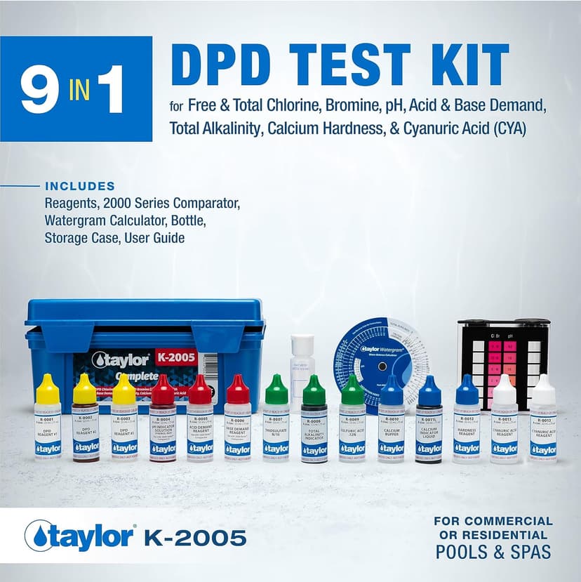 Taylor K2005 High Range Swimming Pool Total and Free Chlorine Bromine Alkalinity Calcium Hardness Base and Acid Demand pH DP Test Kit